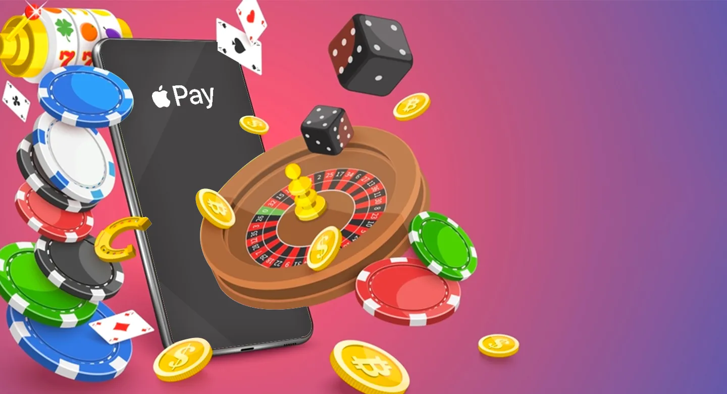 Casino Apple Pay – mobil med Apple Pay-logga, roulette, tärningar och marker